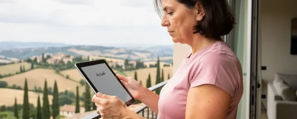 Proprietaria consulta valutazione immobiliare su tablet con vista su paesaggio italiano