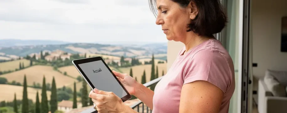 Proprietaria consulta valutazione immobiliare su tablet con vista su paesaggio italiano