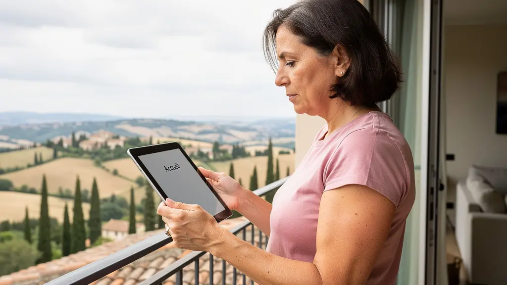 Proprietaria consulta valutazione immobiliare su tablet con vista su paesaggio italiano