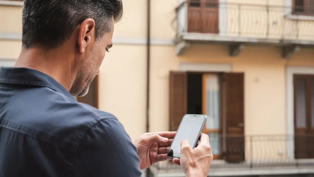 Consulente verifica valutazione immobiliare su smartphone davanti a edificio italiano