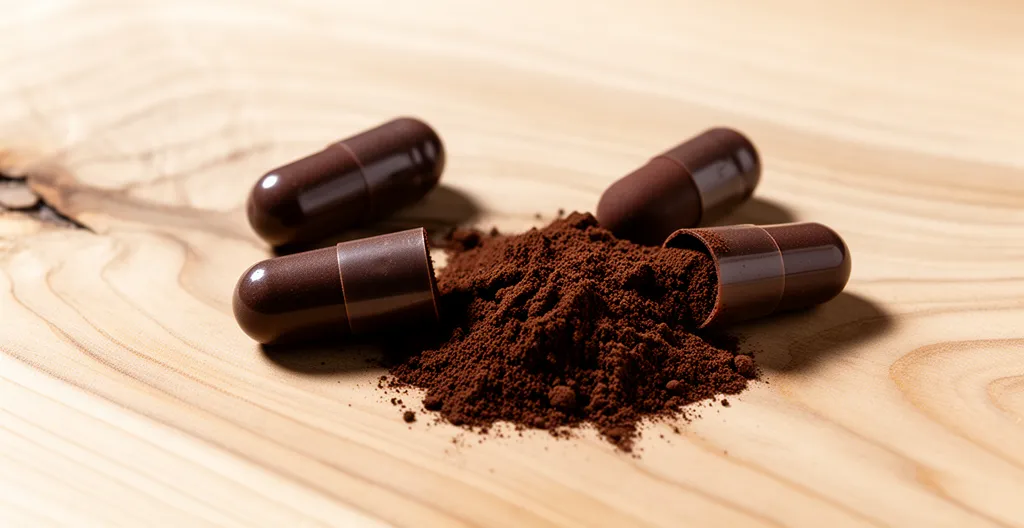 Capsule di integratore chaga e polvere marrone su superficie di legno naturale