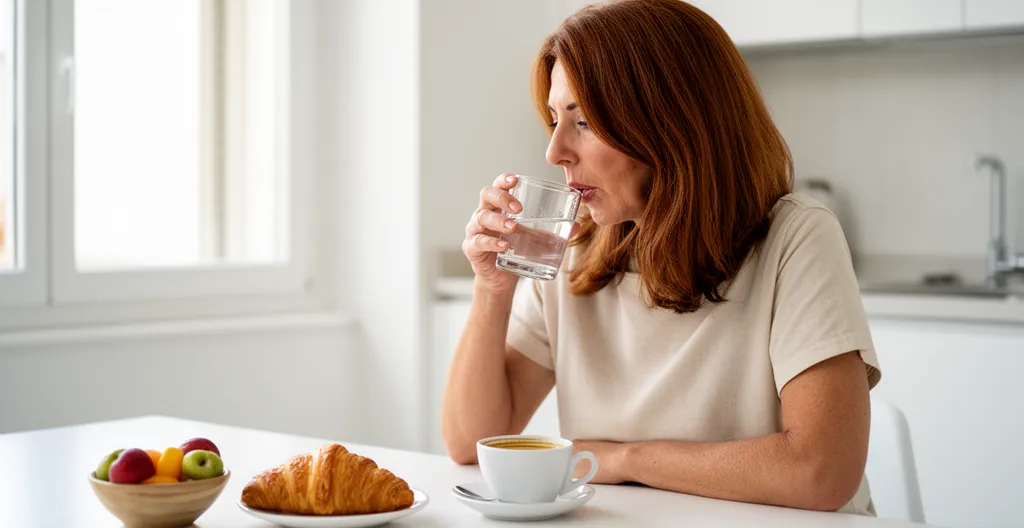 Donna italiana assume capsula di integratore chaga con bicchiere d'acqua in cucina
