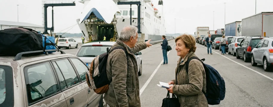 Famiglia italiana con auto in area porto prima dell'imbarco per la Sardegna