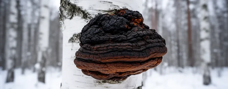 Fungo chaga nero sulla corteccia bianca di betulla in foresta nordica innevata