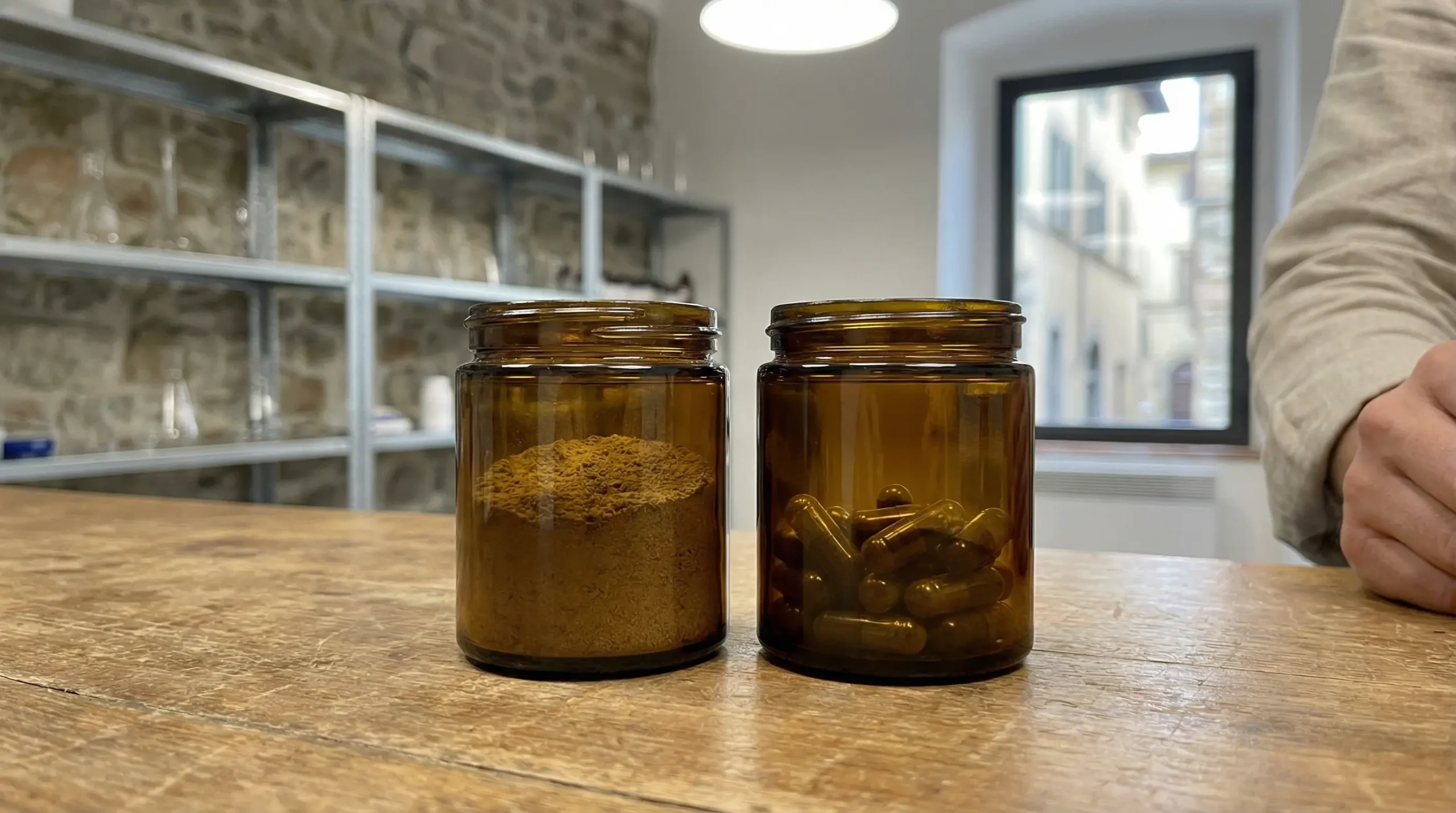 Confronto tra polvere di fungo e capsule di estratto titolato