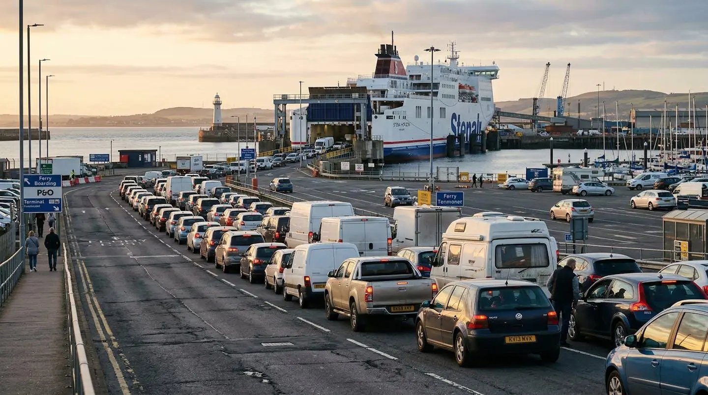 Auto in fila per l'imbarco su un traghetto in un porto, con la nave visibile sullo sfondo alla luce del mattino