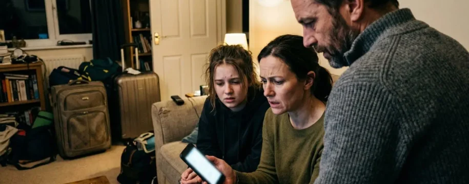 Una famiglia seduta in soggiorno guarda con espressione perplessa lo schermo di uno smartphone, con valigie pronte sullo sfondo