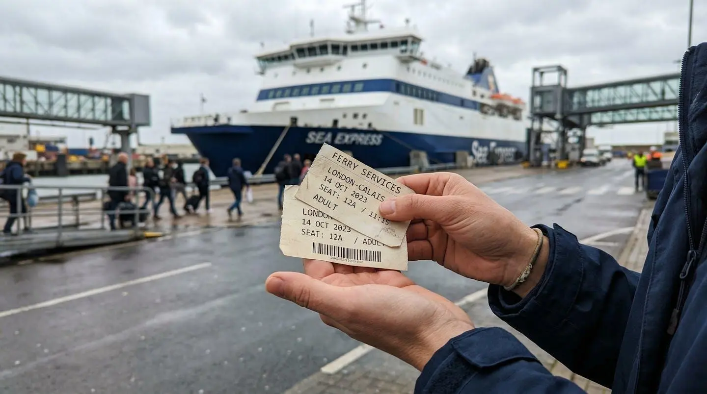Mani che tengono biglietti di viaggio con sfondo sfocato di un porto e strutture portuali