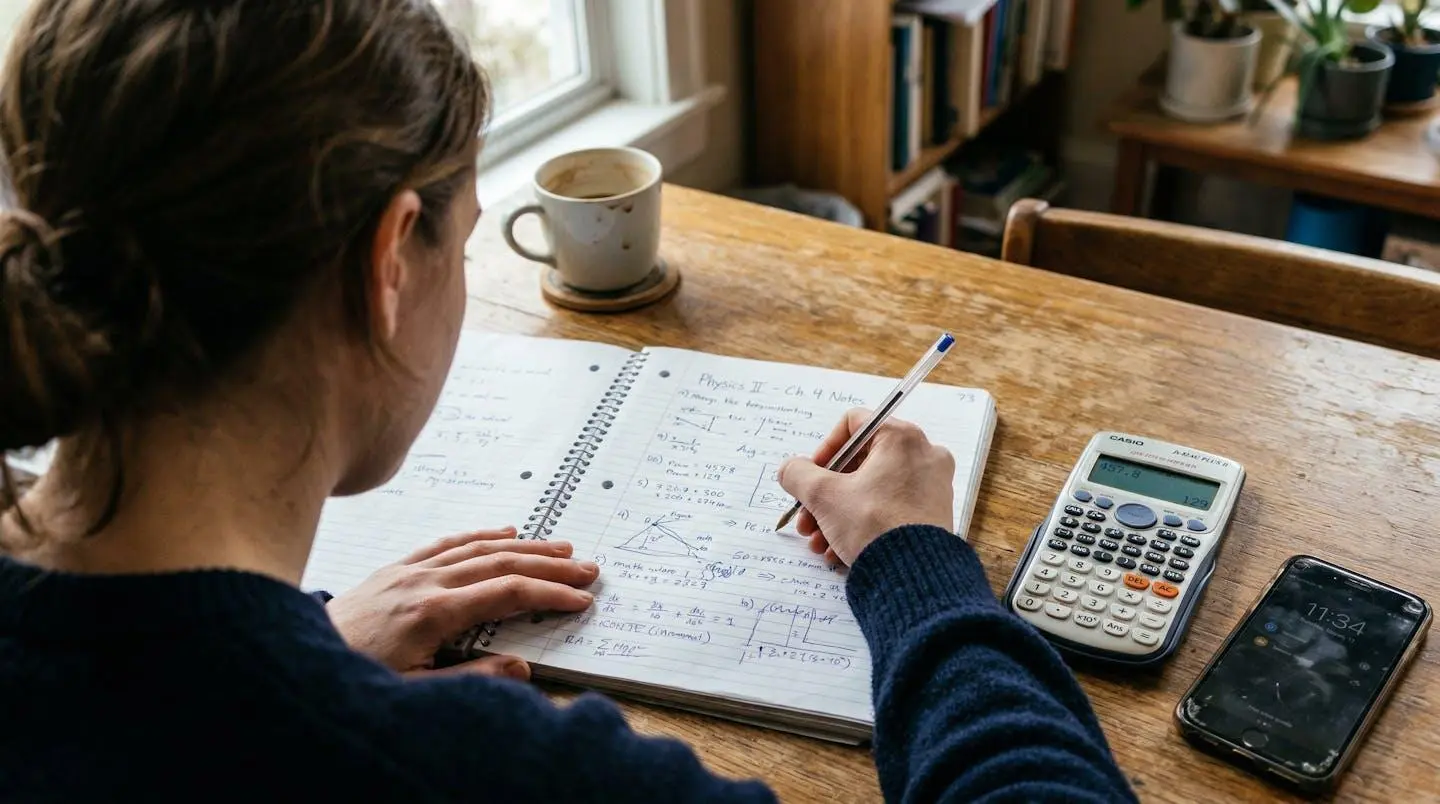 Mani che scrivono appunti su un quaderno con una calcolatrice e uno smartphone accanto, illuminate dalla luce naturale di una finestra