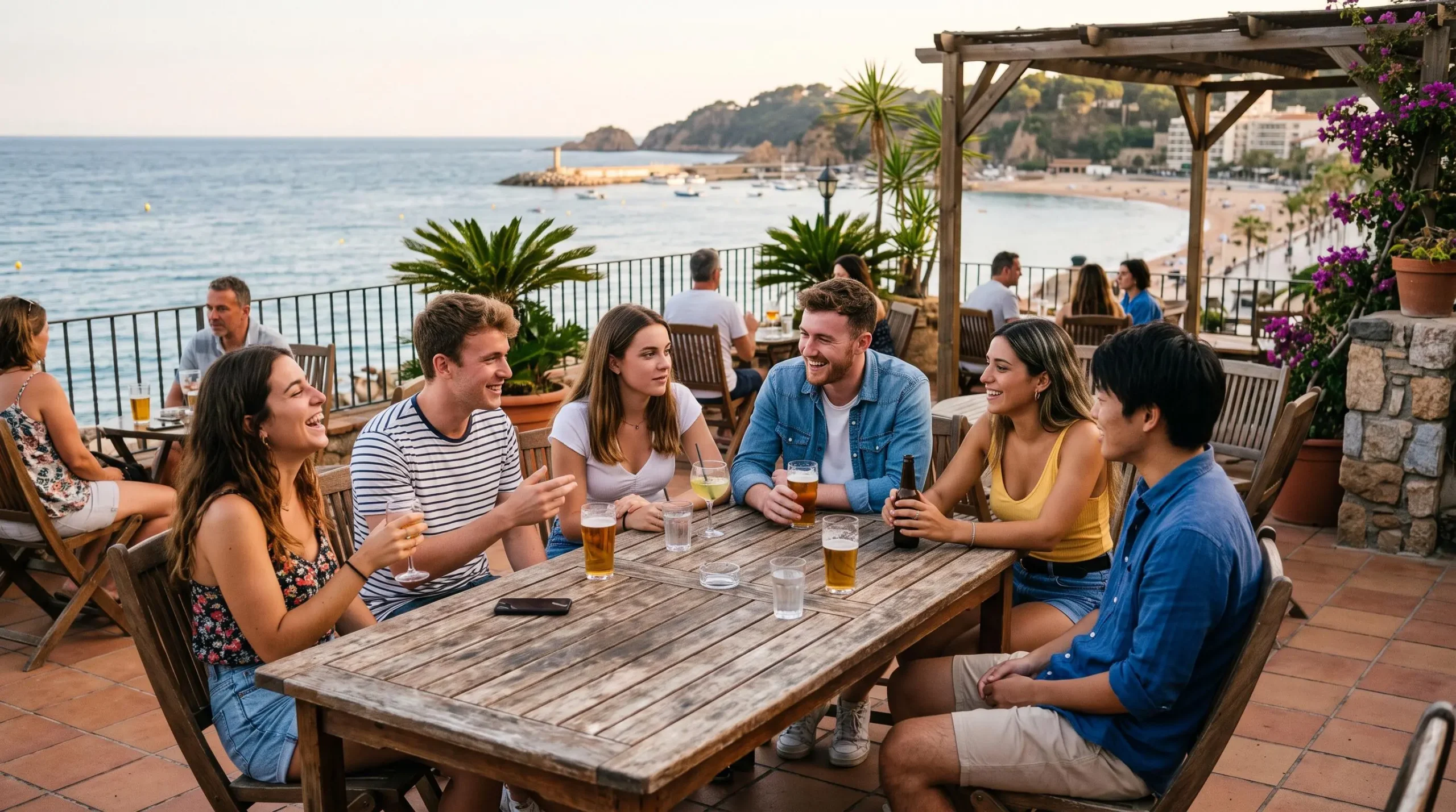 Giovani di diverse nazionalità che socializzano su una terrazza in riva al mare a Lloret de Mar
