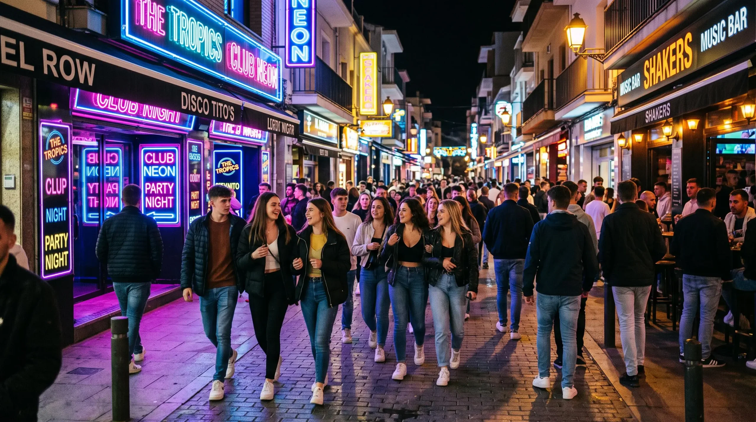 Strada animata del quartiere notturno di Lloret de Mar con giovani che si dirigono verso i club